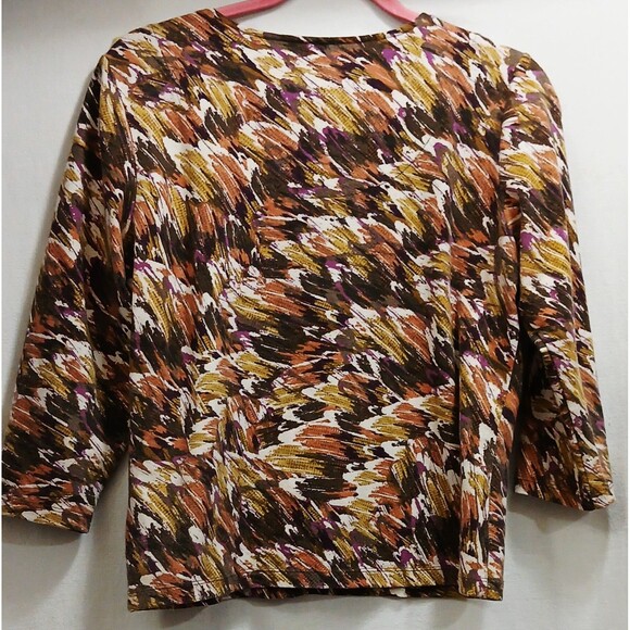 Ruby Rd Petite Women's Top Geometric Print 3/4 Sleeve Embellished Neck Neutrals - Picture 2 of 6